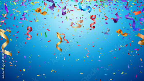Colored confetti flying on blue background.