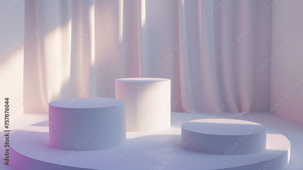 Abstract minimalistic podiums with soft lighting. The composition is a 3D rendering of three round pedestal display stands placed on the floor, with soft light creating gentle shadows and highlights i