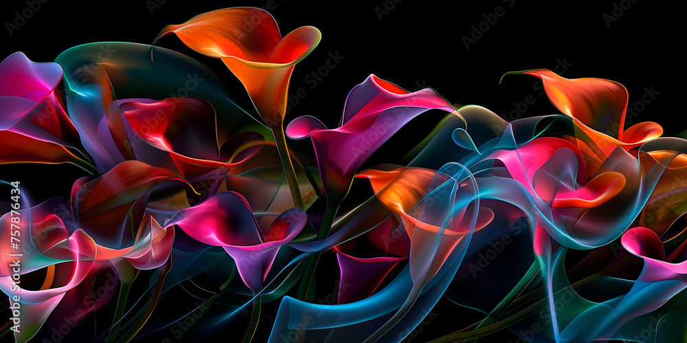 Colorful abstract calla lilies. Concept of the image could be used in contemporary art installations, digital wallpaper, or graphic design projects Colorful abstract calla lilies. Concept of the image could be used in contemporary art installations, digital wallpaper, or graphic design projects