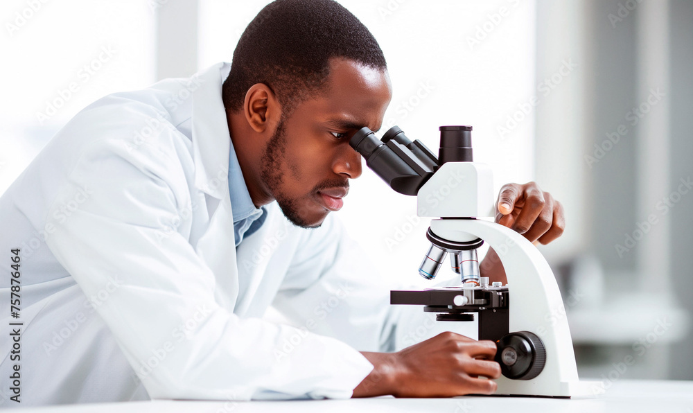 Researcher analyzing samples with a microscope. Concept of the image could be used in scientific journals, medical education, and laboratory services marketing Researcher analyzing samples with a microscope. Concept of the image could be used in scientific journals, medical education, and laboratory services marketing