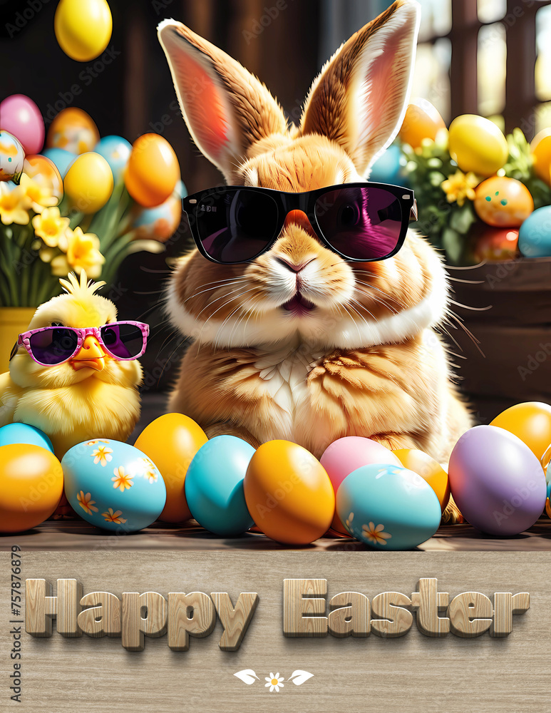 Happy Easter card with rabbit and baby chick wearing sunglasses with Easter eggs