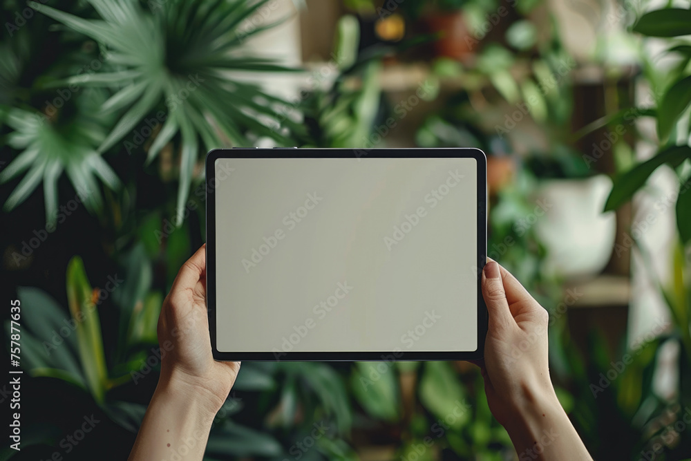 hands holding tablet with blank screen for mockup , green plants in the background. ai generated