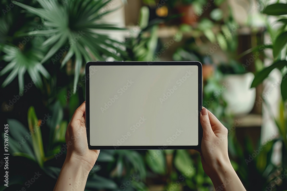 hands holding tablet with blank screen for mockup , green plants in the background. ai generated hands holding tablet with blank screen for mockup , green plants in the background. ai generated