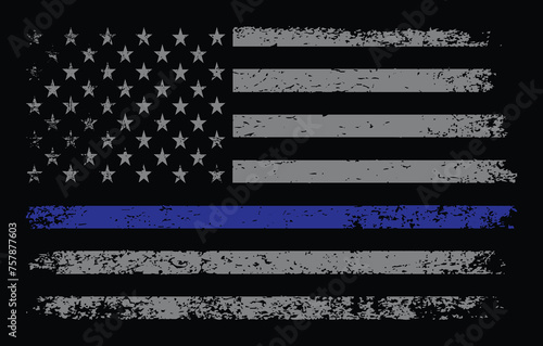 USA Flag With Thin Blue Line. Police Support Symbol Flag.