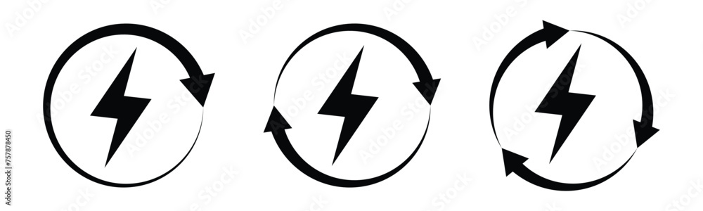 recyclable electrical energy icon set. rotating arrows with power symbol. vector illustration on transparent background. recyclable electrical energy icon set. rotating arrows with power symbol. vector illustration on transparent background.