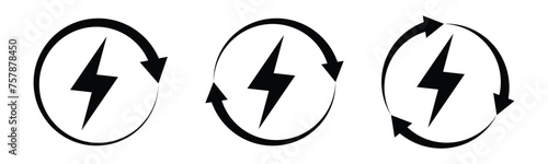 recyclable electrical energy icon set. rotating arrows with power symbol. vector illustration on transparent background.