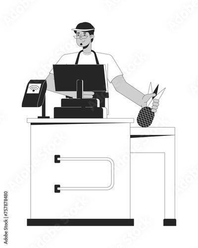 Arab male cashier supermarket checkout black and white 2D line cartoon character. Terminal grocery store merchant isolated vector outline person. Sales occupation monochromatic flat spot illustration