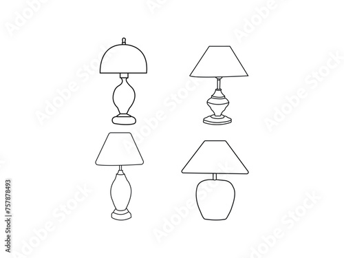 Different types of modern desk lamps or table lamps are isolated.black line art icons on a white background.