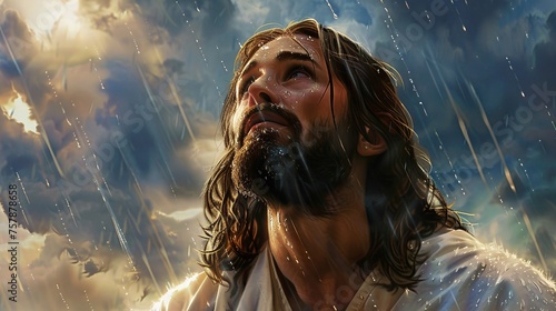 Jesus in the Rain A Reflection of Faith in the Modern World Generative AI photo