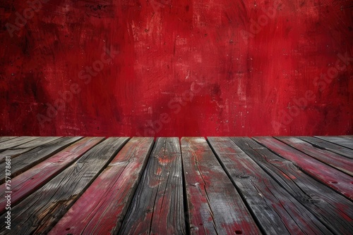 Wooden deck table on red grunge background - generative ai