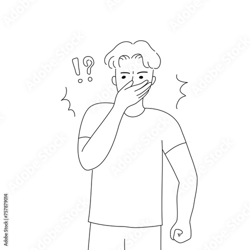 Isolated of a man doing hand covers the mouth and nose gesture line hand drawing vector.