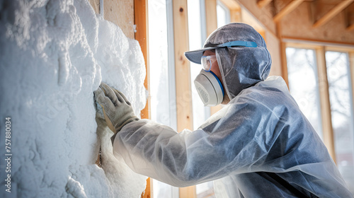 Construction worker installing house wall insulation in new home