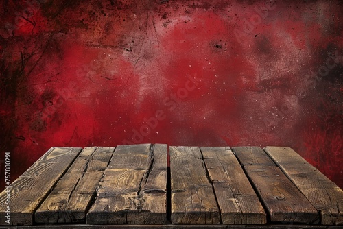 Wooden deck table on red grunge background - generative ai