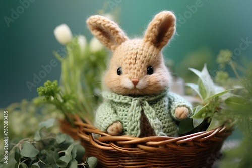 cute knitted toy bunny in a basket