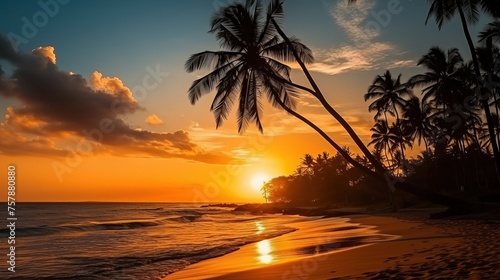 Silhouette of coconut palm and sun lights true trees on beach at sunset  Mirissa  Sri Lanka.   