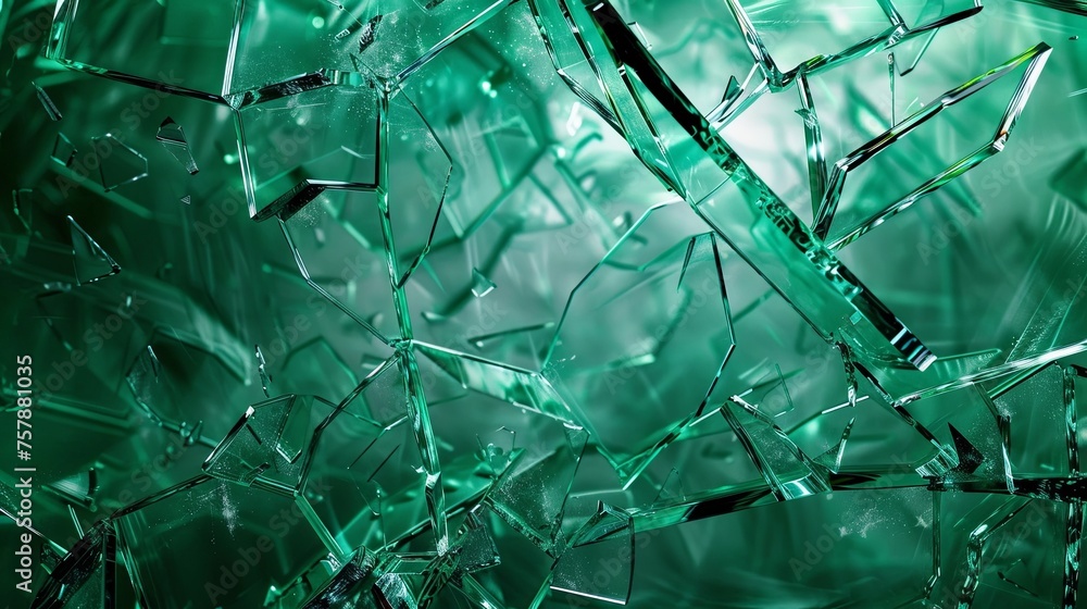 Shattered glass, emerald green background, 3d rendering Shattered glass, emerald green background, 3d rendering
