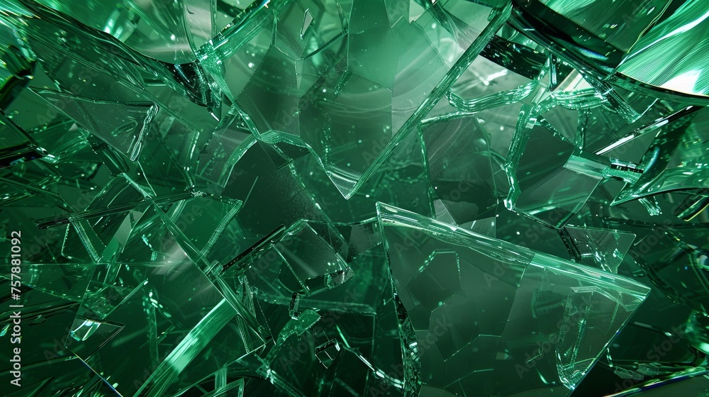 Fototapeta premium Shattered glass, emerald green background, 3d rendering