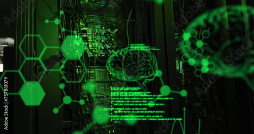 Image of data processing and digital brain over server room