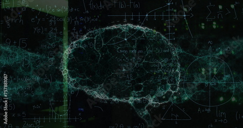 Image of mathematical equations and digital brain over server room