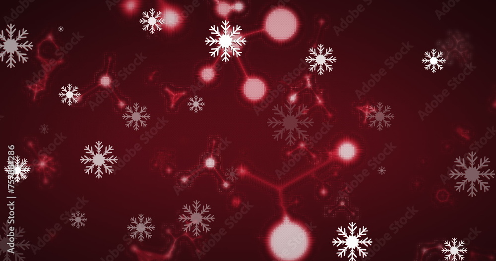Image of snowflakes over molecules on black background