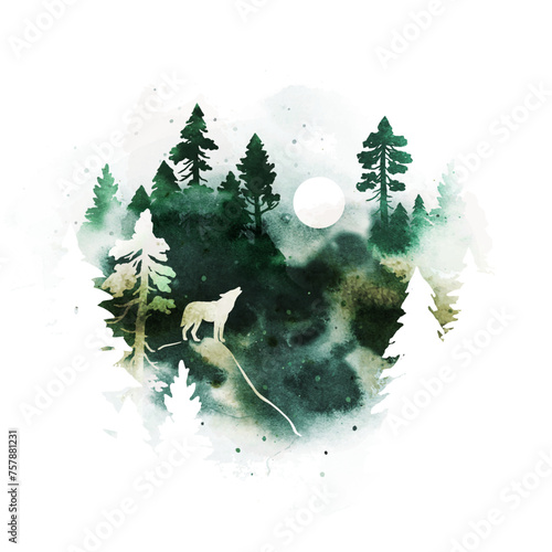 Vector silhouette of wolf howling at the full moon. Watercolor foggy coniferous forest, mountains and animal under night sky. Mystical night vector landscape isolated on white dackground