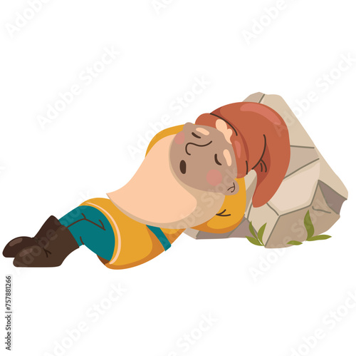 A cute gardening gnome lies under a stone