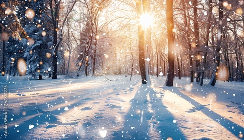 Snowy Sunrise in the Woods A Serene Winter Scene Generative AI