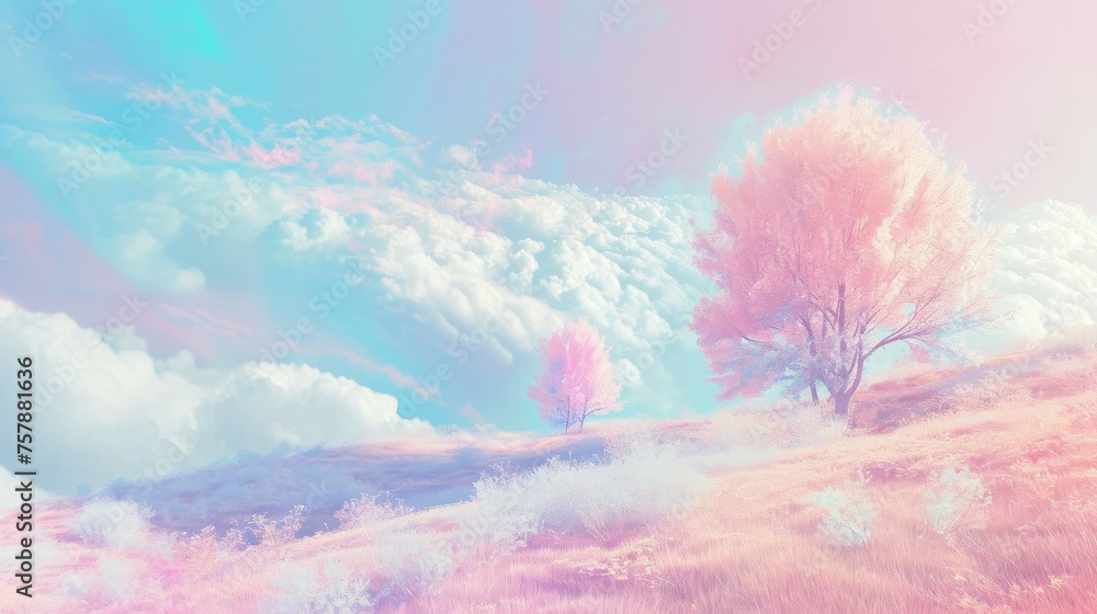 Dreamlike landscape with trees in surreal pastel hues of pink and blue, under soft sky with fluffy clouds, invoking serene and otherworldly atmosphere. For background in fantasy themes, meditation