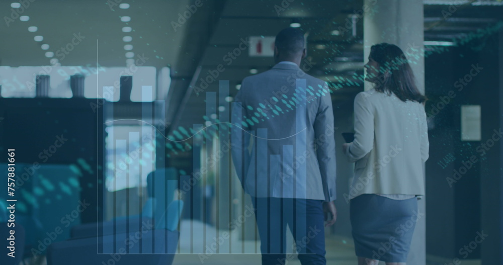 Image of multiple graph over rear view of diverse coworkers discussing and walking in corridor Image of multiple graph over rear view of diverse coworkers discussing and walking in corridor