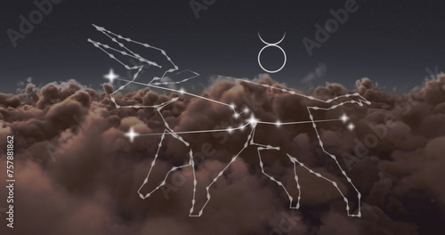 Image of taurus star sign over clouds in sky in background