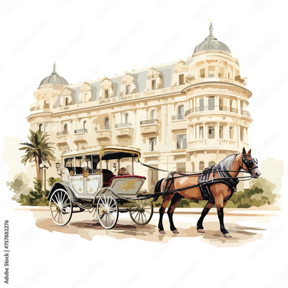 Antique horse-drawn carriage in front of a grand hote