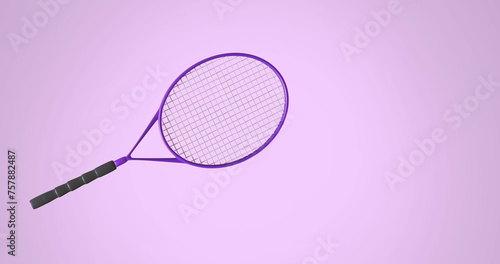 Image of tennis racket moving on pink background