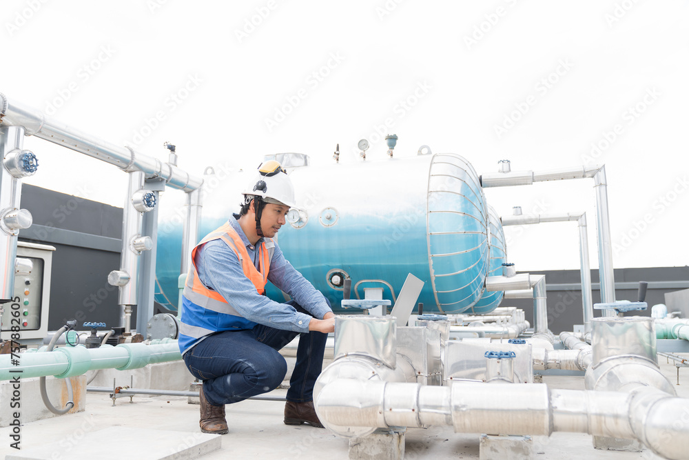 Asian male engineer working using laptop computer checks hot water pipes system or hot water boiler system tank at rooftop of building. Asian male plumber worker maintenance hot water buffer tank