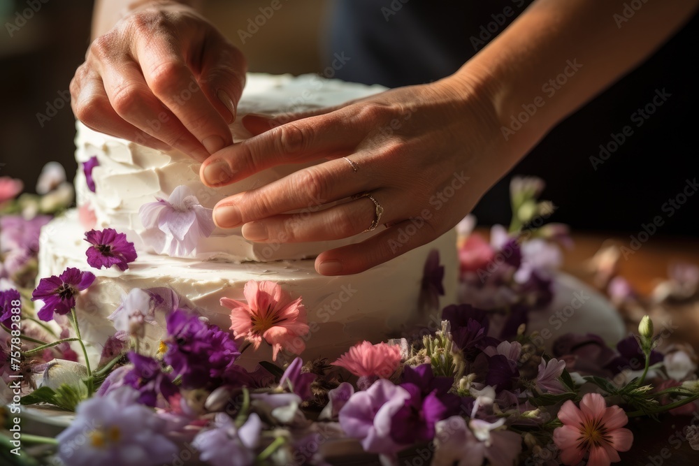 A close-up of a baker's hands carefully placing edible flowers on a wedding cake. A close-up of a baker's hands carefully placing edible flowers on a wedding cake.