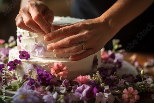 A close-up of a baker s hands carefully placing edible flowers on a wedding cake.