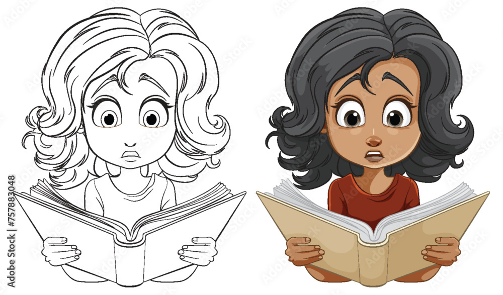 Two cartoon girls with shocked expressions reading. Two cartoon girls with shocked expressions reading.
