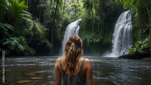 Rear view of woman in tropical rainforest with river
