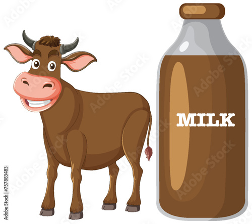 Cartoon cow next to a large milk bottle