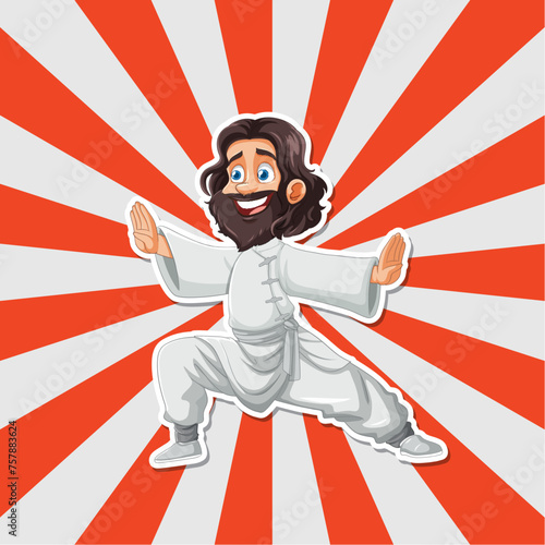 Cartoon martial artist performing with a dynamic background.