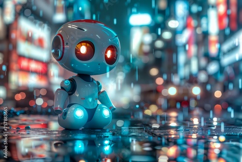 Lonely Robot Sitting on a Wet Urban Street at Night with Glowing Eyes and City Lights Reflection