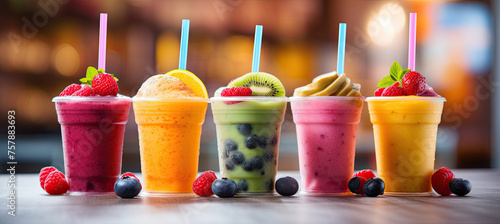 Fresh fruit smoothies on blurry background photo