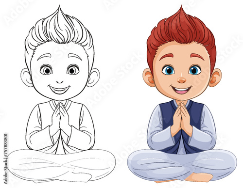 Colorful and line art illustrations of a meditating boy