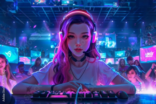 Cyberpunk Female Gamer with Headset at Neon-lit Gaming Station, Esports Competition Nightlife Vibe