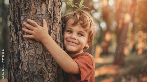 A young child with a joyful expression embraces the trunk of a large tree in a lush forest, symbolizing a connection with nature and environmental awareness.
