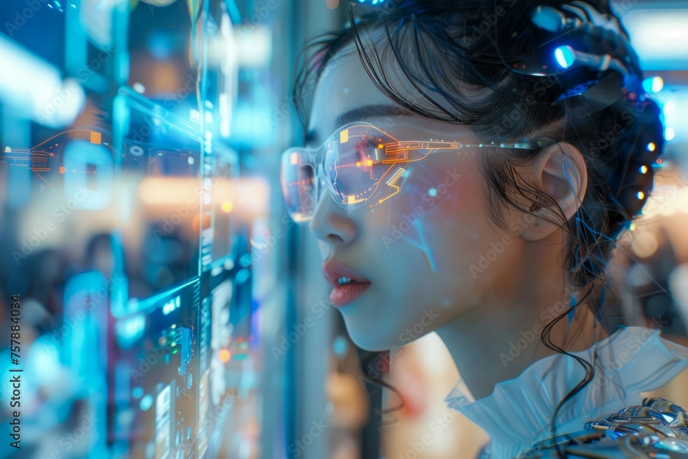 Young Asian Woman Gazing Through Glowing Futuristic Neon Lights at Night in the City Young Asian Woman Gazing Through Glowing Futuristic Neon Lights at Night in the City