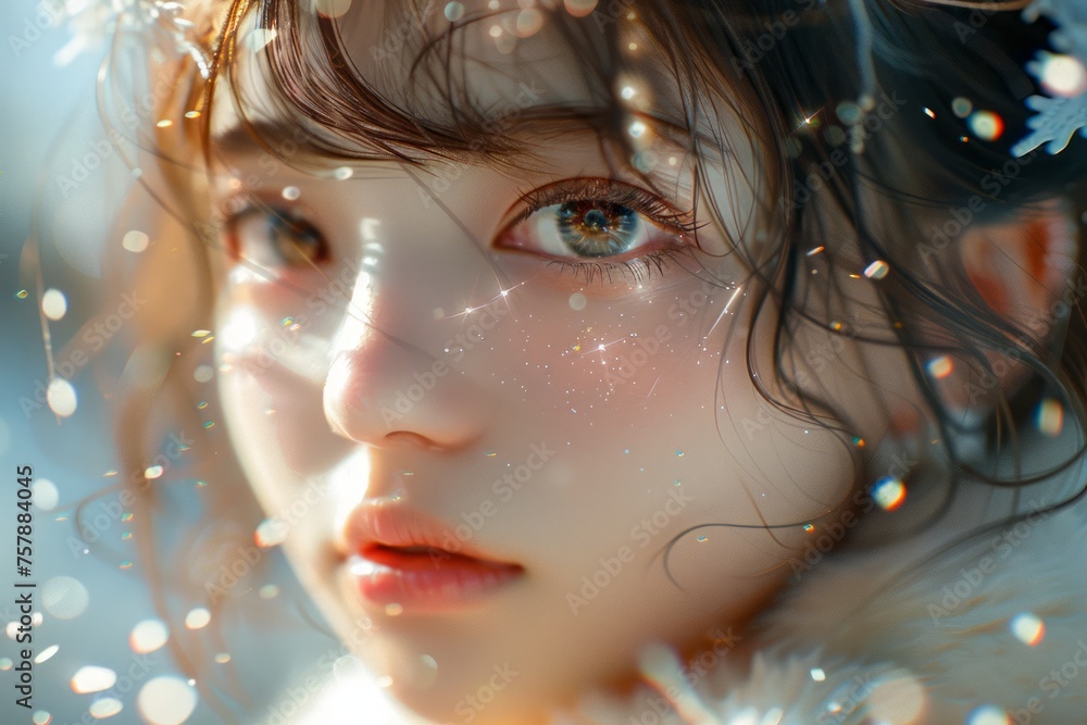 Enchanting Portrait of a Young Woman with Sparkling Eyes Surrounded by Glitter and Soft Lights in a Dreamy Atmosphere Enchanting Portrait of a Young Woman with Sparkling Eyes Surrounded by Glitter and Soft Lights in a Dreamy Atmosphere