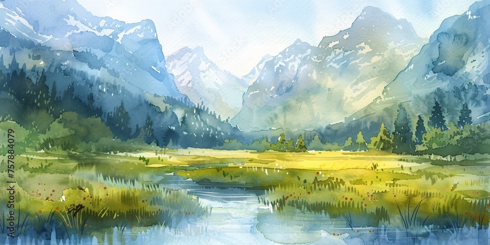 April Showers Bring May Flowers A Watercolor Painting of a Mountain Lake Generative AI