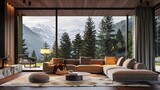 3D rendering showcasing a living room with a panoramic view, featuring a cozy sofa setup.  attractive look