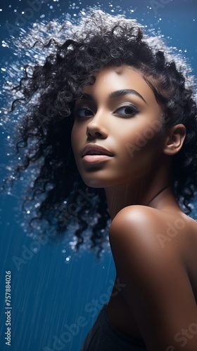 Beauty, skincare and water splash for black woman in studio for cleaning, shower and wellness with cosmetic and dermatology product for skin