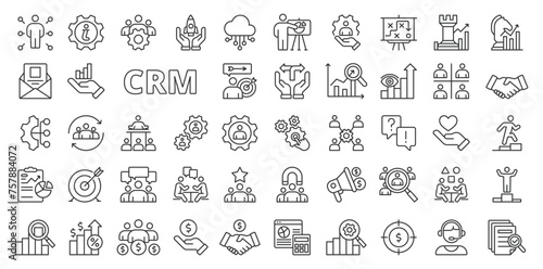 CRM icons in line design. CRM system  CRM software  business  statistics  deal  money  team  strategy  growth  manager  finance isolated on white background vector. CRM editable stroke icons.